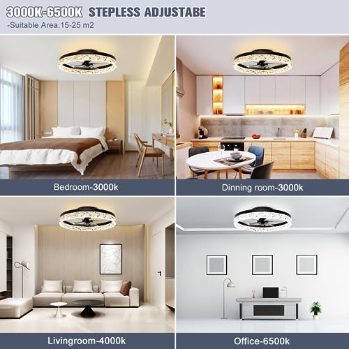 VOLISUN Modern Ceiling Fans with Lights and Remote, 19.7in Low Profile Ceiling Fan Flush Mount, 3000K-6500K Dimmable Bladeless LED Fan Light, Brown Fandelier Ceiling Fans with Lights for Bedroom - Image 2