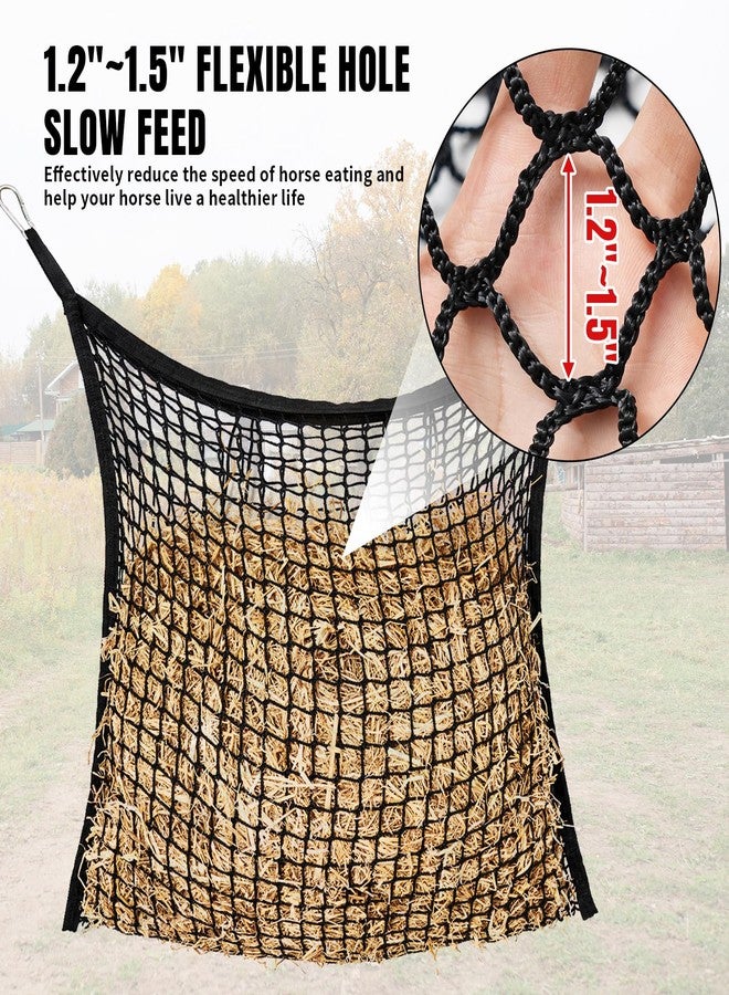 MKO SHUN 4 PCS Slow Feed Hay Net for Horses, Large Capacity Hay Bags for Horses Goats Sheep Donkey Trailer Full Day Feeding, Easy to Fill and Hang, Black, 35 x 31 Inch - Image 3