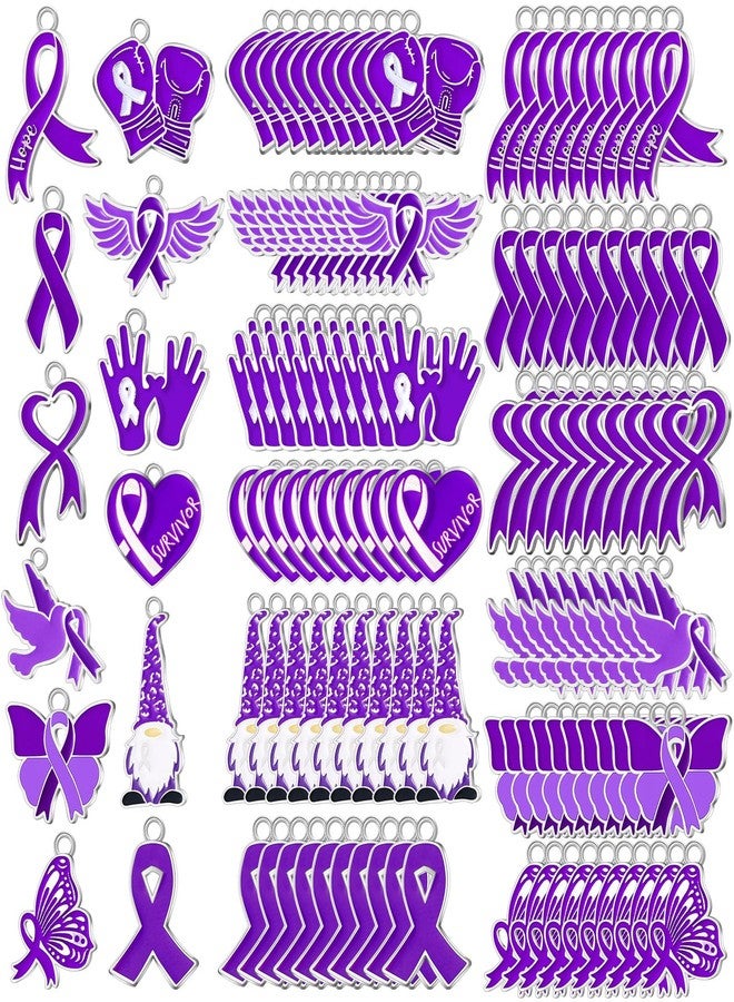 Kenning 120 Pcs Purple Ribbon Awareness Charms Alzheimers Pancreatic Cancer Product Overdose Domestic Violence Lupus Pendant Purple Cancer Charms for Jewelry Making DIY Necklace Bracelet Crafts - Image 1