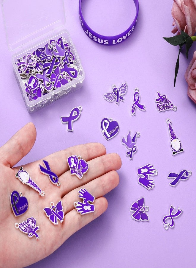 Kenning 120 Pcs Purple Ribbon Awareness Charms Alzheimers Pancreatic Cancer Product Overdose Domestic Violence Lupus Pendant Purple Cancer Charms for Jewelry Making DIY Necklace Bracelet Crafts - Image 2