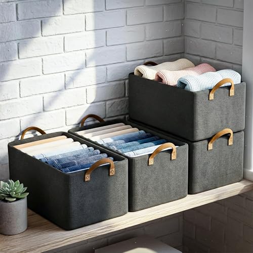 CLAPONE Foldable Storage Box and Organiser with Metal Frame/Woven Fabric Clothes Organiser with Handle/Wardrobe Organizer for Storage/Almirah Organizer for Shirts/Sweater/Jeans (grey, 4 pcs) - Image 1
