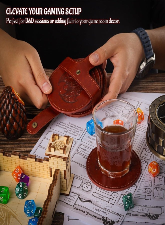 CZYY DND Coaster Set, Set of 6 Faux Leather Coasters with Storage Holder, Embossed with Dragon, Beholder, Mimic, Cthulhu, D20 & Dungeon Master, DND Inspired Gift for DM & Gamer - Image 4
