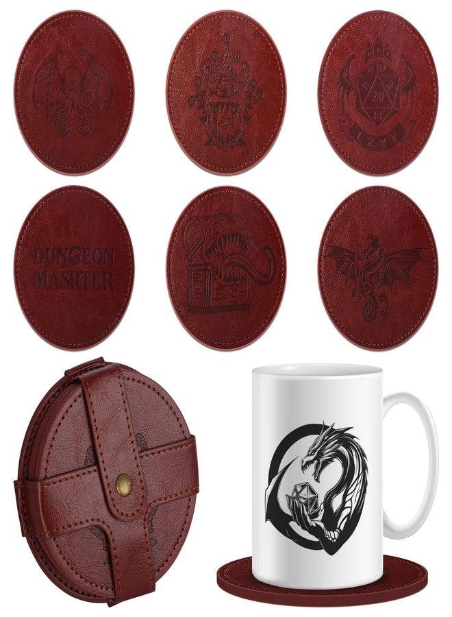 CZYY DND Coaster Set, Set of 6 Faux Leather Coasters with Storage Holder, Embossed with Dragon, Beholder, Mimic, Cthulhu, D20 & Dungeon Master, DND Inspired Gift for DM & Gamer - Image 1
