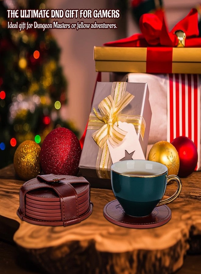 CZYY DND Coaster Set, Set of 6 Faux Leather Coasters with Storage Holder, Embossed with Dragon, Beholder, Mimic, Cthulhu, D20 & Dungeon Master, DND Inspired Gift for DM & Gamer - Image 5