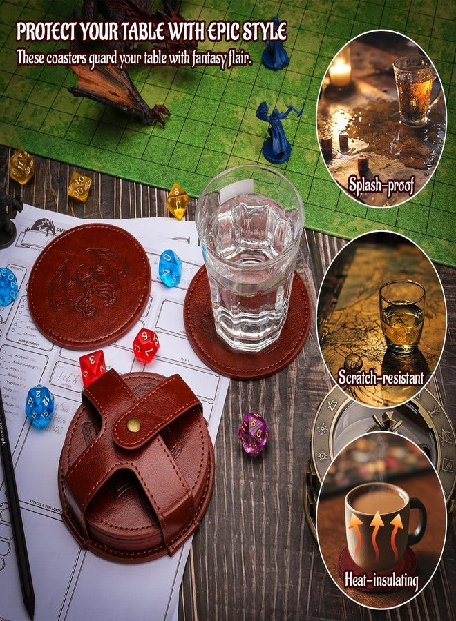 CZYY DND Coaster Set, Set of 6 Faux Leather Coasters with Storage Holder, Embossed with Dragon, Beholder, Mimic, Cthulhu, D20 & Dungeon Master, DND Inspired Gift for DM & Gamer - Image 2