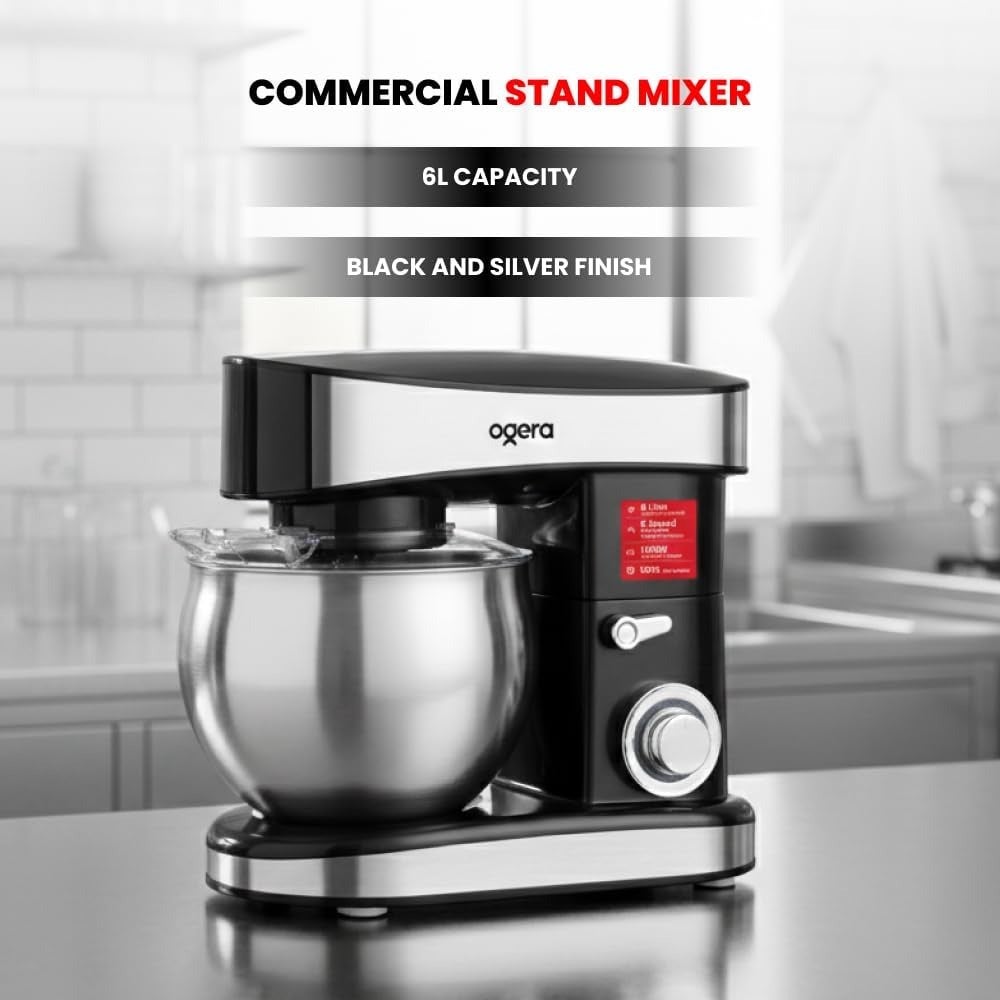 Stand Mixer for Kitchen Use, Stainless Steel, Black and Silver, 6 Litre Bowl, 1200W Power, 6 Speed with Pulse, 100 Copper Motor, 2 Year Warranty