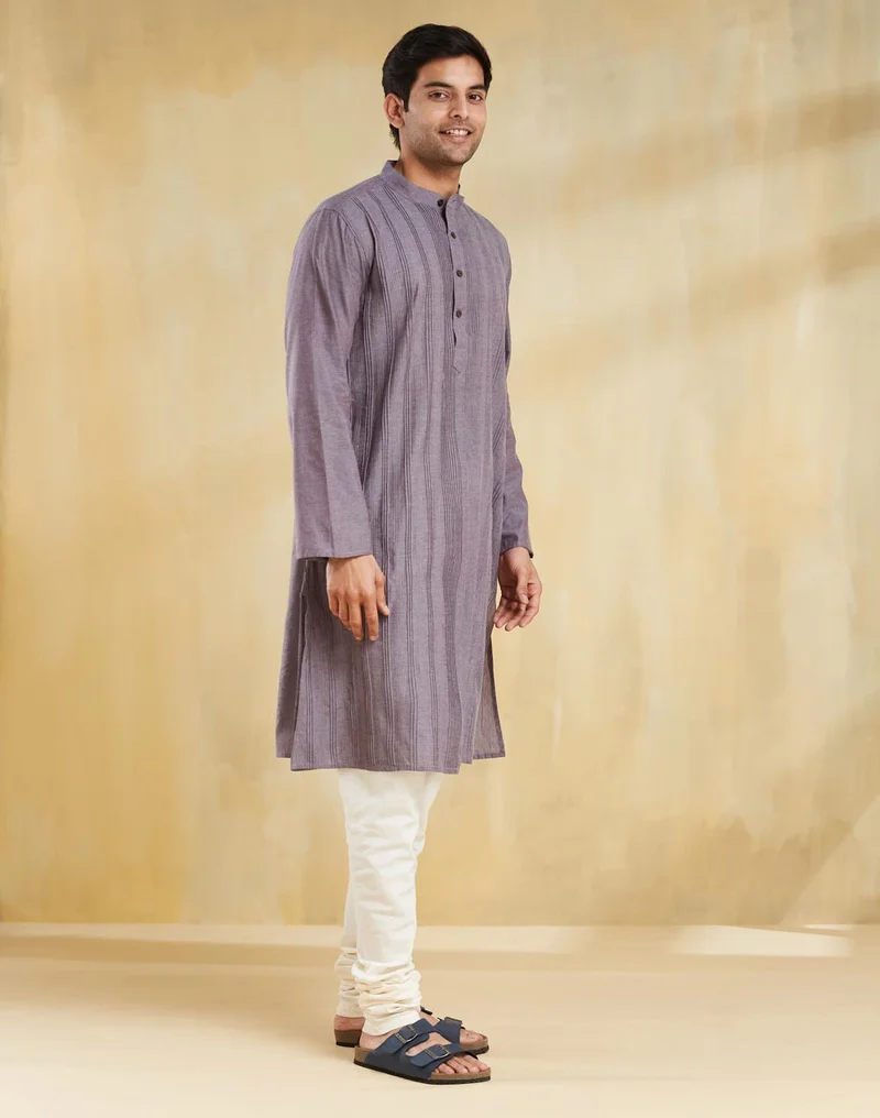 Fabindia Grey Cotton Pintucks Long Kurta