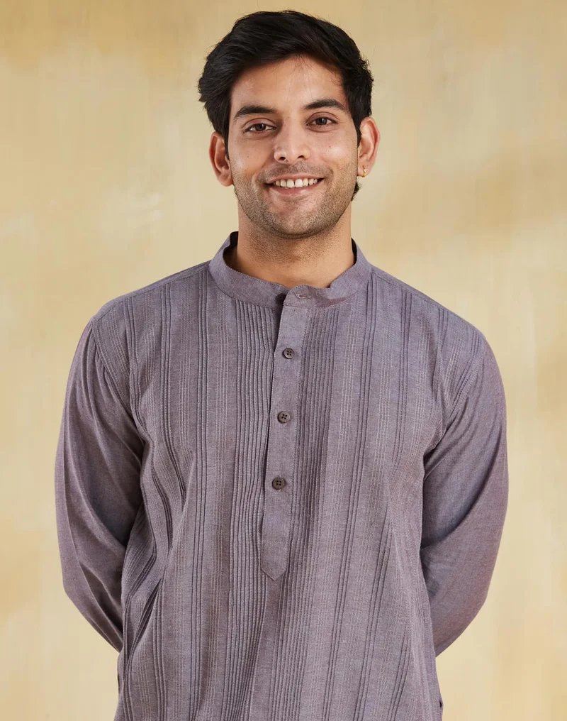 Fabindia Grey Cotton Pintucks Long Kurta