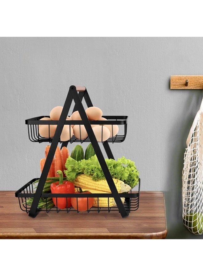 DubaiGallery Double-Tier Black Metal Fruit Basket with Wooden Handle – Spacious Countertop Organizer for Fruits, Vegetables, Bread, Snacks & More – Strong A-Frame Structure for Clean & Modern Kitchen Storage - Image 4