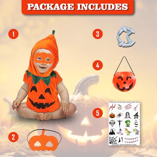 Sarvda Pumpkin Dress for Kids | For unisex | Halloween Cute Funny Pumpkin Costume | Pumpkin Candy Basket | Mask | Cap | Teeth | Fun Tattoo | For 3 to 4 Year Kids,Saffron,hoisery, velvet, and satin - Image 2