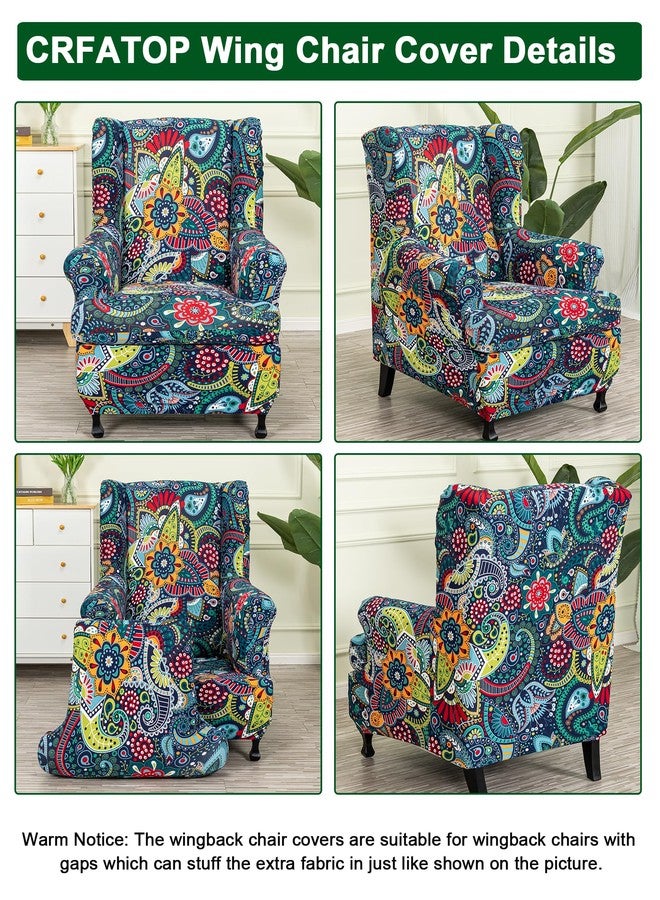 CRFATOP 2 Piece Stretch Wingback Chair Cover Printed Wing Chair Slipcovers Spandex Fabric Wingback Armchair Covers with Elastic Bottom for Living Room Bedroom Wingback Chair,C15 - Image 4