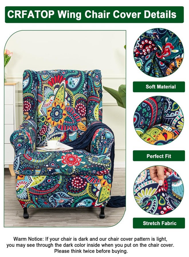 CRFATOP 2 Piece Stretch Wingback Chair Cover Printed Wing Chair Slipcovers Spandex Fabric Wingback Armchair Covers with Elastic Bottom for Living Room Bedroom Wingback Chair,C15 - Image 3