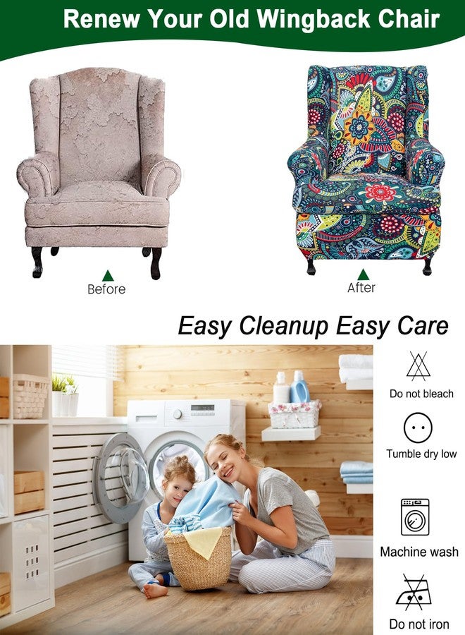CRFATOP 2 Piece Stretch Wingback Chair Cover Printed Wing Chair Slipcovers Spandex Fabric Wingback Armchair Covers with Elastic Bottom for Living Room Bedroom Wingback Chair,C15 - Image 5