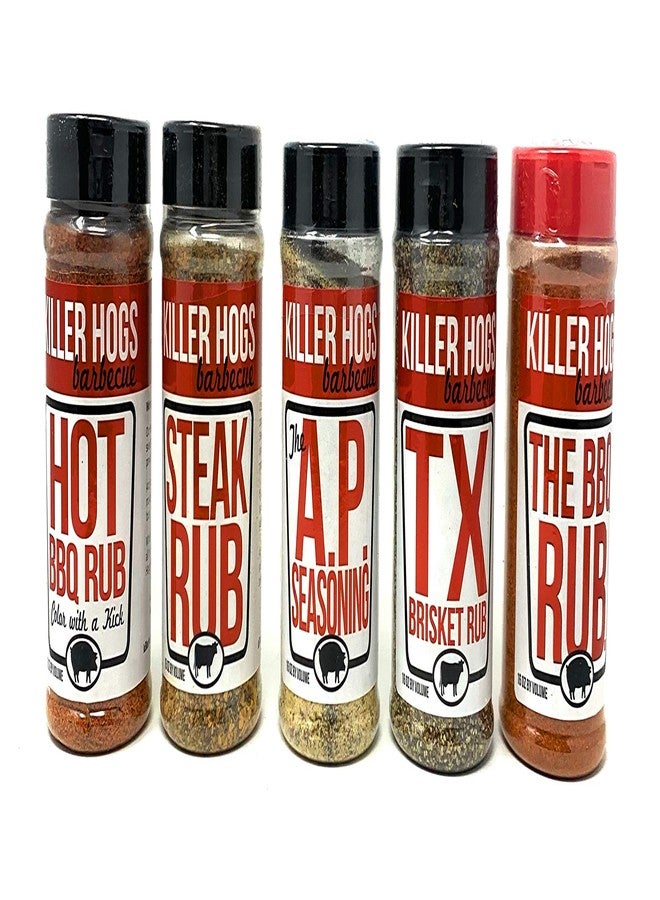 Killer Hogs مجموعة متنوعة من توابل الشواء من كيلر هوغز - توابل الشواء الحارة، وتوابل شرائح اللحم، وتوابل AP، وتوابل بريسكيت تكساس، وتوابل الشواء الأصلية - عبوة من 5 زجاجات - إجمالي 59 أونصة - توابل الشواء من كيلر هوغز بالجملة - Image 1