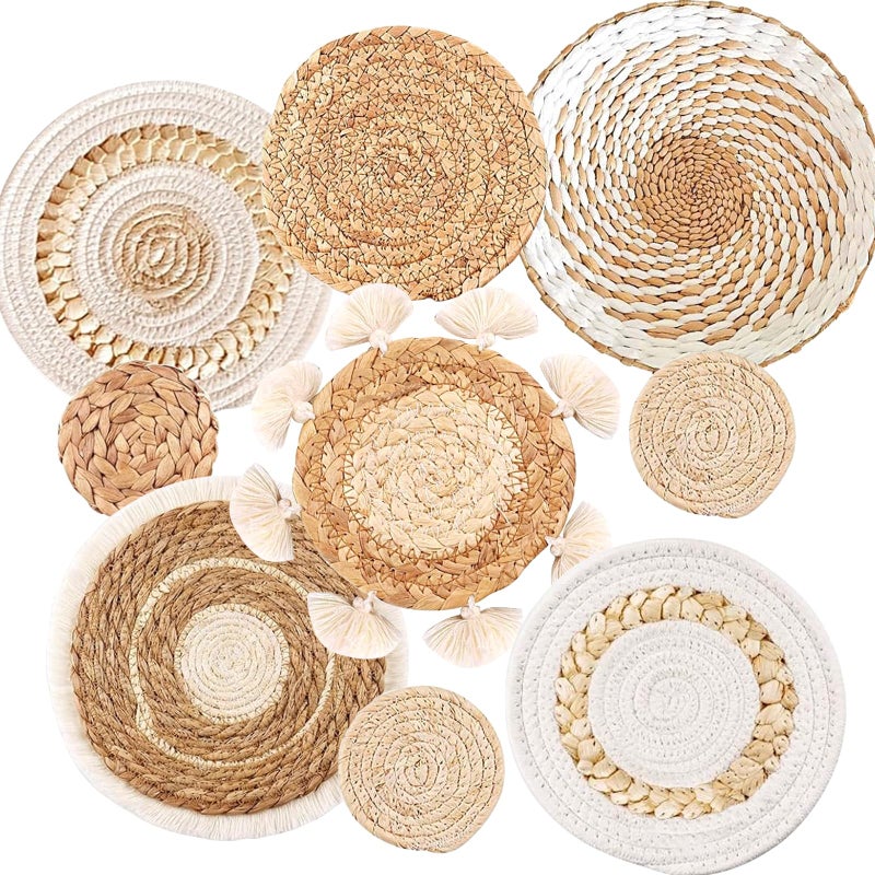 COM4SPORT 9PCS Boho Wall Baskets Set, Seagrass Rattan Wicker Basket Set, Round Handmade Hanging Basket Decor for Farmhouse Living Room Bedroom Display Table Kitchen Home - Image 1