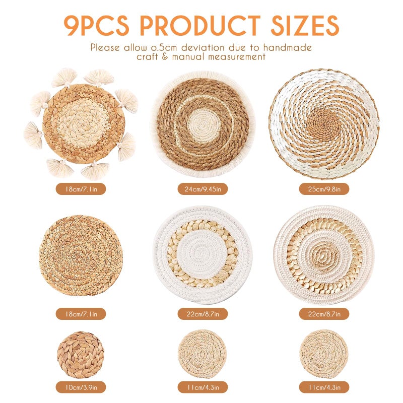 COM4SPORT 9PCS Boho Wall Baskets Set, Seagrass Rattan Wicker Basket Set, Round Handmade Hanging Basket Decor for Farmhouse Living Room Bedroom Display Table Kitchen Home - Image 2