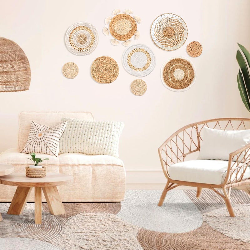 COM4SPORT 9PCS Boho Wall Baskets Set, Seagrass Rattan Wicker Basket Set, Round Handmade Hanging Basket Decor for Farmhouse Living Room Bedroom Display Table Kitchen Home - Image 3