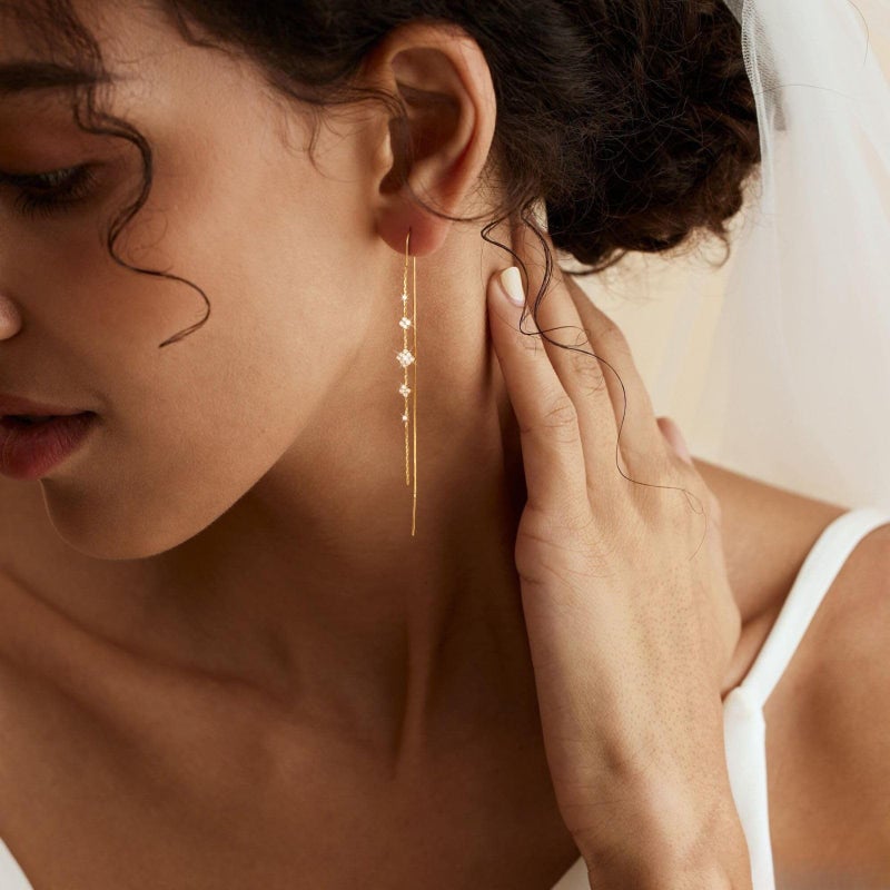 MBW Threader Earrings for Women, Gold Plated 14K Dangle Long Chain Drop Earrings Dangling, Dainty Elegant Dangly Ear Chain with Tassel and Cubic Zirconia for Wedding Hoco Trendy Jewelry Accessories - Image 4
