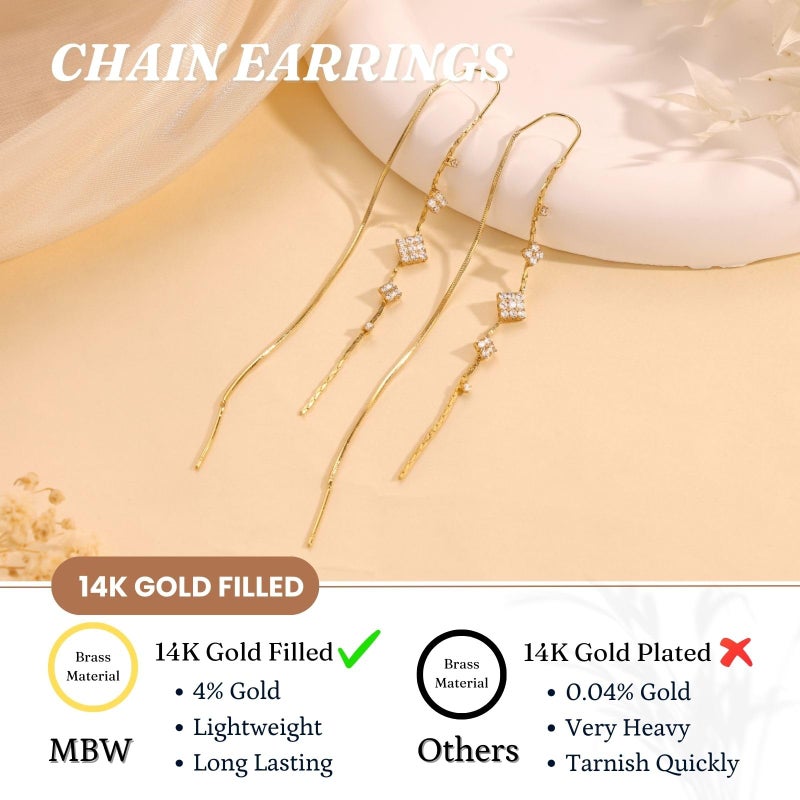 MBW Threader Earrings for Women, Gold Plated 14K Dangle Long Chain Drop Earrings Dangling, Dainty Elegant Dangly Ear Chain with Tassel and Cubic Zirconia for Wedding Hoco Trendy Jewelry Accessories - Image 5