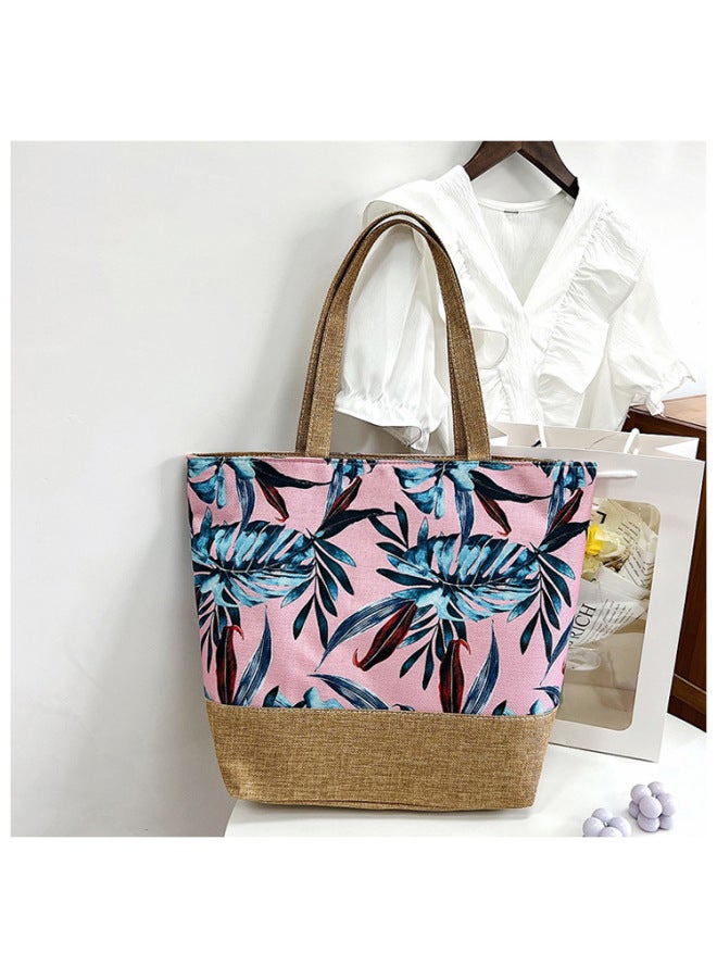 Fashion Canvas Bag Style National Style Artistic Women's Shoulder Bag Simple Tote Bag Large Capacity Women's Portable Shopping Bag-Color:Red And Blue Leaflets - Image 1