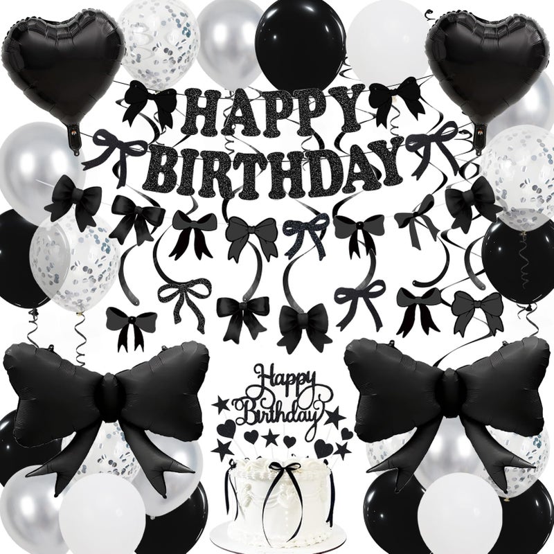 Douvelue Black Bow Birthday Decorations Happy Birthday Banner Garland and Hanging Swirls 28Pcs Balloons Cake Toppers Bow Themed Party Decorations for Girls Women - Image 2