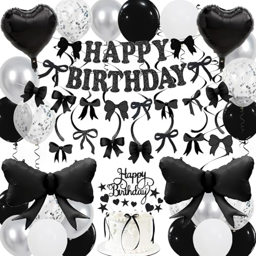 Douvelue Black Bow Birthday Decorations Happy Birthday Banner Garland and Hanging Swirls 28Pcs Balloons Cake Toppers Bow Themed Party Decorations for Girls Women - Image 1