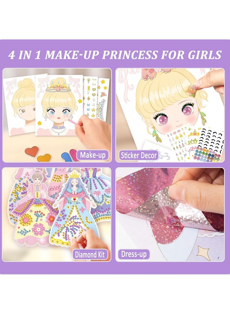 4 in 1 Paper Makeup Dress-up Kit for Girls, Fashion Design Book for Little Girls, Sticker Activity Book for Kids with Blush Eyeshadow, Diamond, Stickers, Pretend Play Makeup Birthday Gifts for 4-12  - Image 2