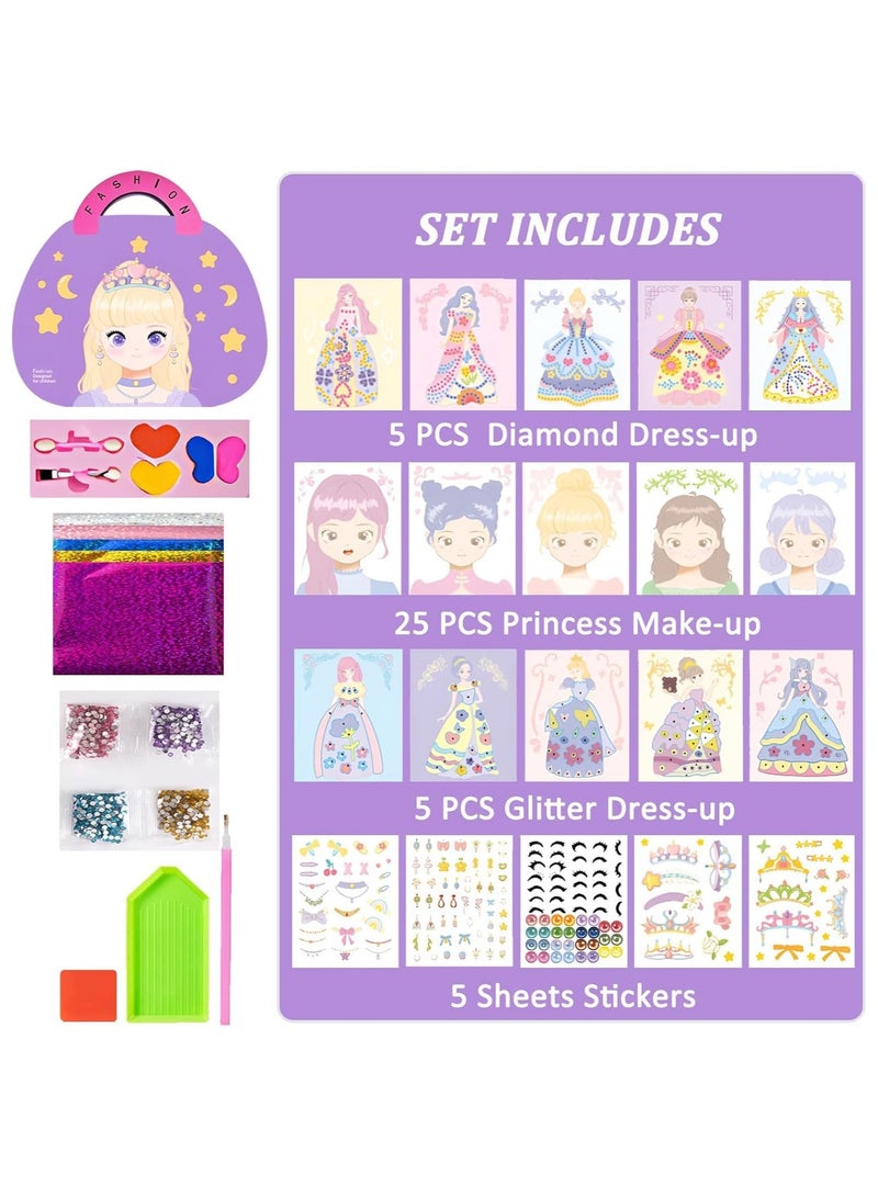 4 in 1 Paper Makeup Dress-up Kit for Girls, Fashion Design Book for Little Girls, Sticker Activity Book for Kids with Blush Eyeshadow, Diamond, Stickers, Pretend Play Makeup Birthday Gifts for 4-12  - Image 5