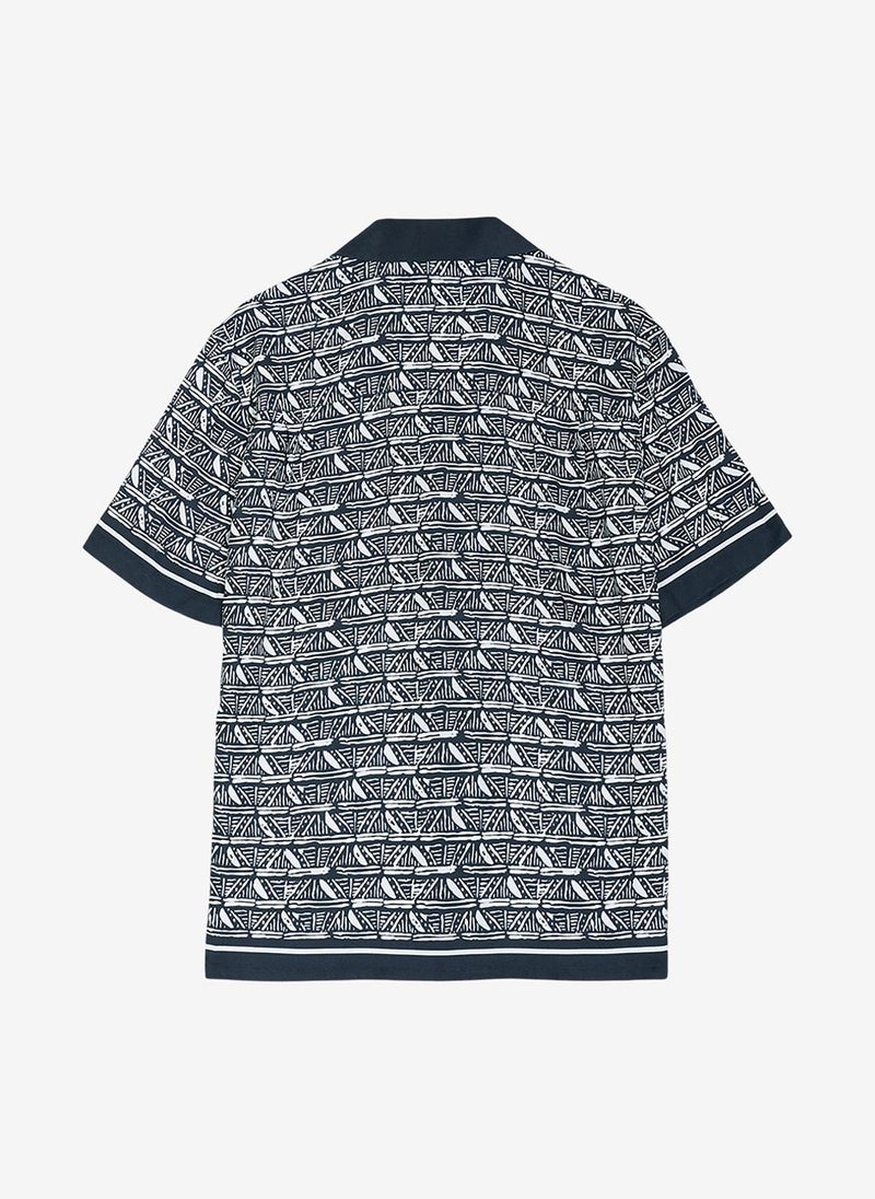 French Connection Men's Short Sleeve Geometric Print Navy Holiday Shirt - Image 4