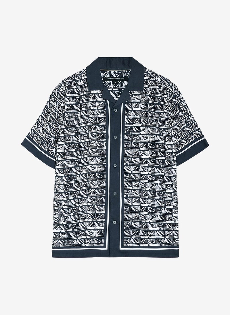 French Connection Men's Short Sleeve Geometric Print Navy Holiday Shirt - Image 3