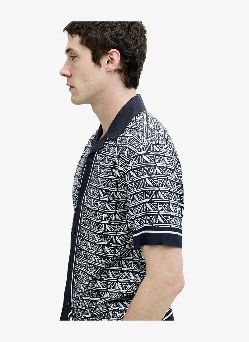 فرنش كونكشن Men's Short Sleeve Geometric Print Navy Holiday Shirt