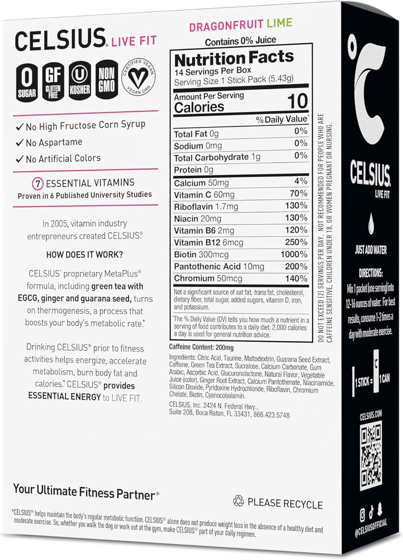 CELSIUS باك ستيك مسحوق الطاقة CELSIUS بنكهة فاكهة التنين والليمون - مشروب طاقة خالي من السكر (14 ستيك) - Image 2