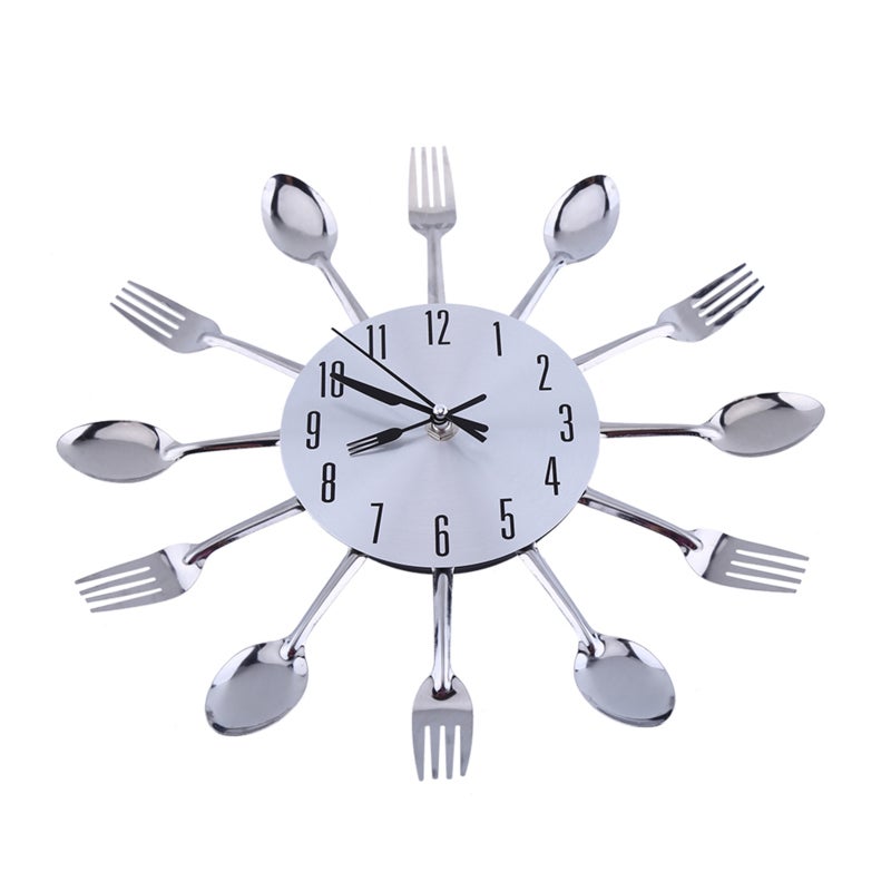QUARTZ Large 3D Mirror Surface Silver Modern Design Cutlery Kitchen Utensil Spoon Fork Wall Clock DIY - Image 1