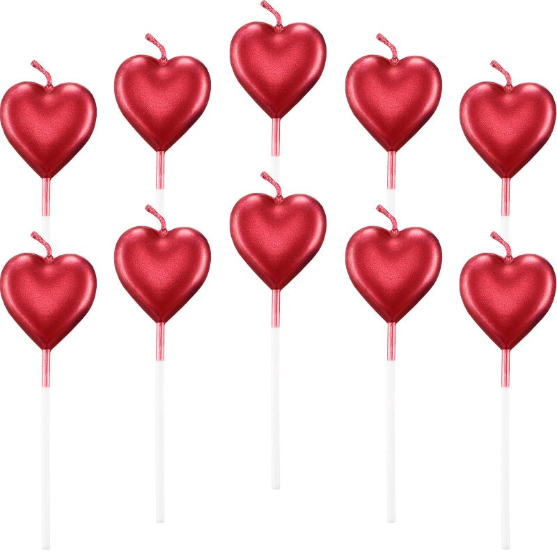 BBTO Metallic Heart Birthday Cake Candles Cupcake Topper Candles Cake Dessert Holders for Wedding Anniversary Romantic Night Mothers Day Party Decoration10Red