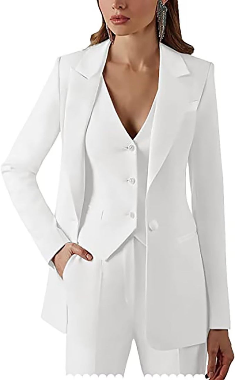 Dowbins White Womens 3 Piece Single-Breasted Pants Suits Dressy Casual Jacket Vest and Pants Suits for Women Evening Party 12 - Image 1