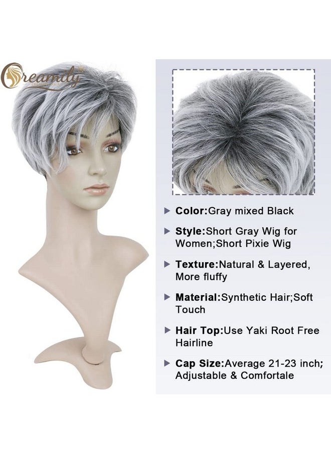 creamily - Creamily Pixie Cut Short Grey Wigs with Bangs Natural Fluffy Synthetic Hair Wigs for Women Gray Hair Replacement Wigs Mommy Wig Short Hair Styles for Women Ladies Wgs - Image 1