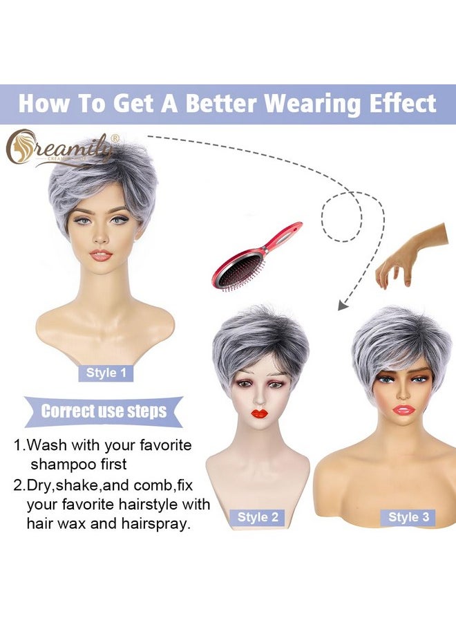 creamily - Creamily Pixie Cut Short Grey Wigs with Bangs Natural Fluffy Synthetic Hair Wigs for Women Gray Hair Replacement Wigs Mommy Wig Short Hair Styles for Women Ladies Wgs - Image 1
