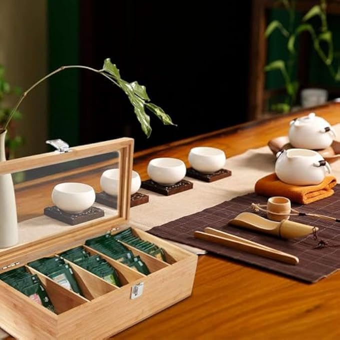 بوليفياز صندوق تخزين منظم لأكياس الشاي بسعة كبيرة مع حامل أكياس شاي مع فواصل قابلة للإزالة صندوق منظم لتخزين الشاي لمجموعة أكياس الشاي الأخضر والأسود - Image 5