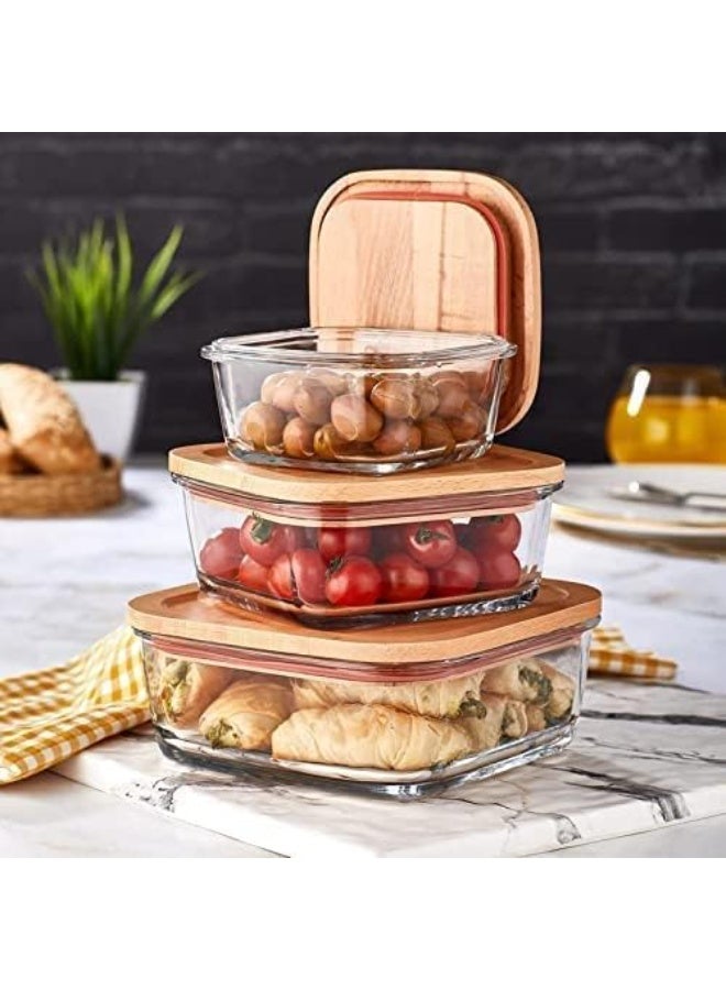 علب حفظ الطعام الزجاجية بغطاء خشبي ومطاط سيليكون - Image 1