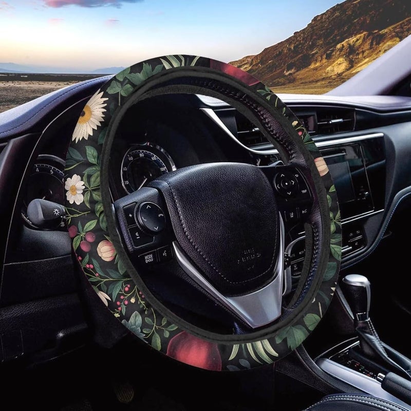 Boho Steering Wheel Cover 15 inch, Chic Flower Decor for Car Interior Elastic Non-Slip Wear-Resistant Steering Wheel Cover (Ink Wash Flowers) - Image 1