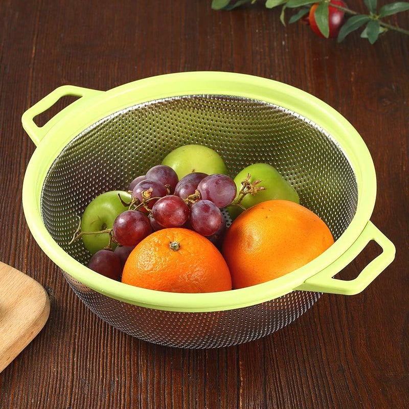 HiramWare مصفاة من الفولاذ المقاوم للصدأ من بمقبض وأرجل، مصفاة معدنية كبيرة خضراء للمعكرونة، السباغيتي، التوت، الخضروات، الفواكه، النودلز، السلطات، سعة 5 كوارت (10.5 بوصة) مصفاة شبكية للمطبخ، آمنة للغسيل في غسالة الأطباق - Image 2