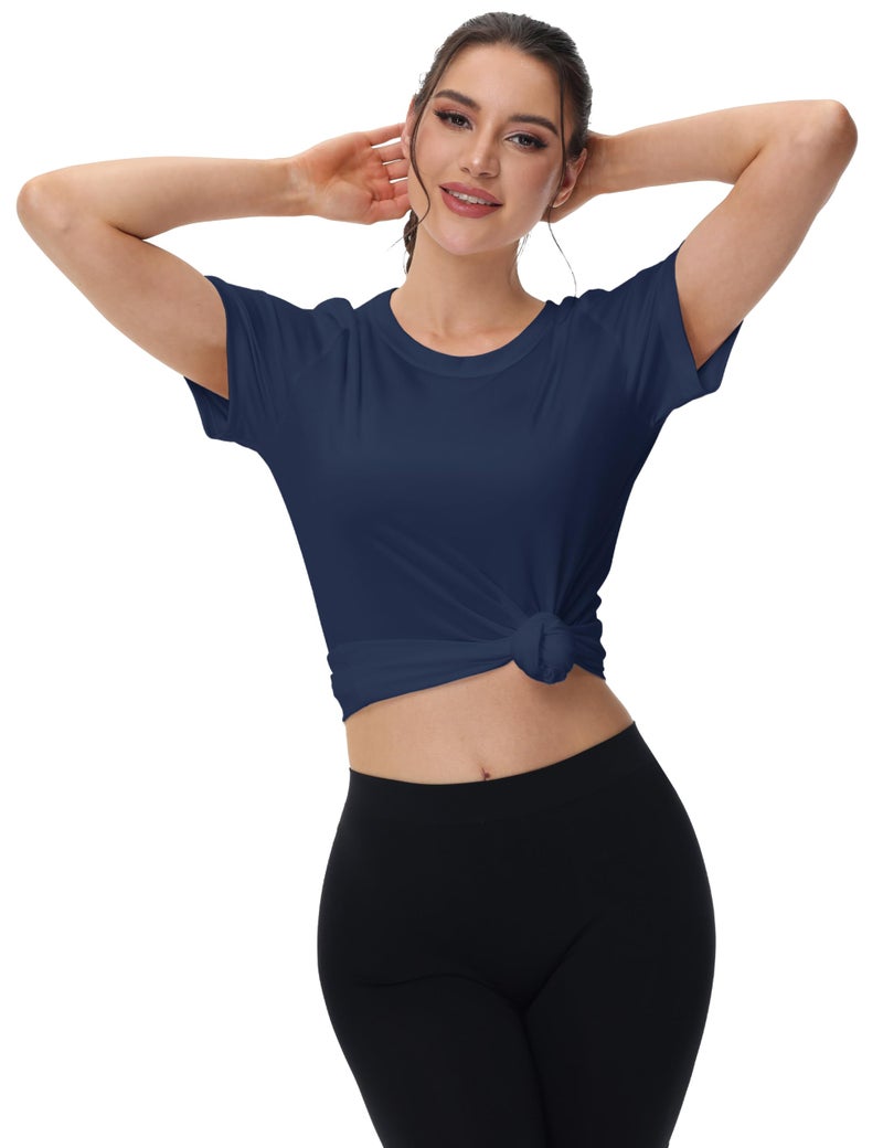 MAGCOMSEN Athletic Tops for Women Running Shirts Short Sleeve Sun Shirts SPF 50 Dry Fit Tshirts Workout Exercise Navy Blue, S - Image 5