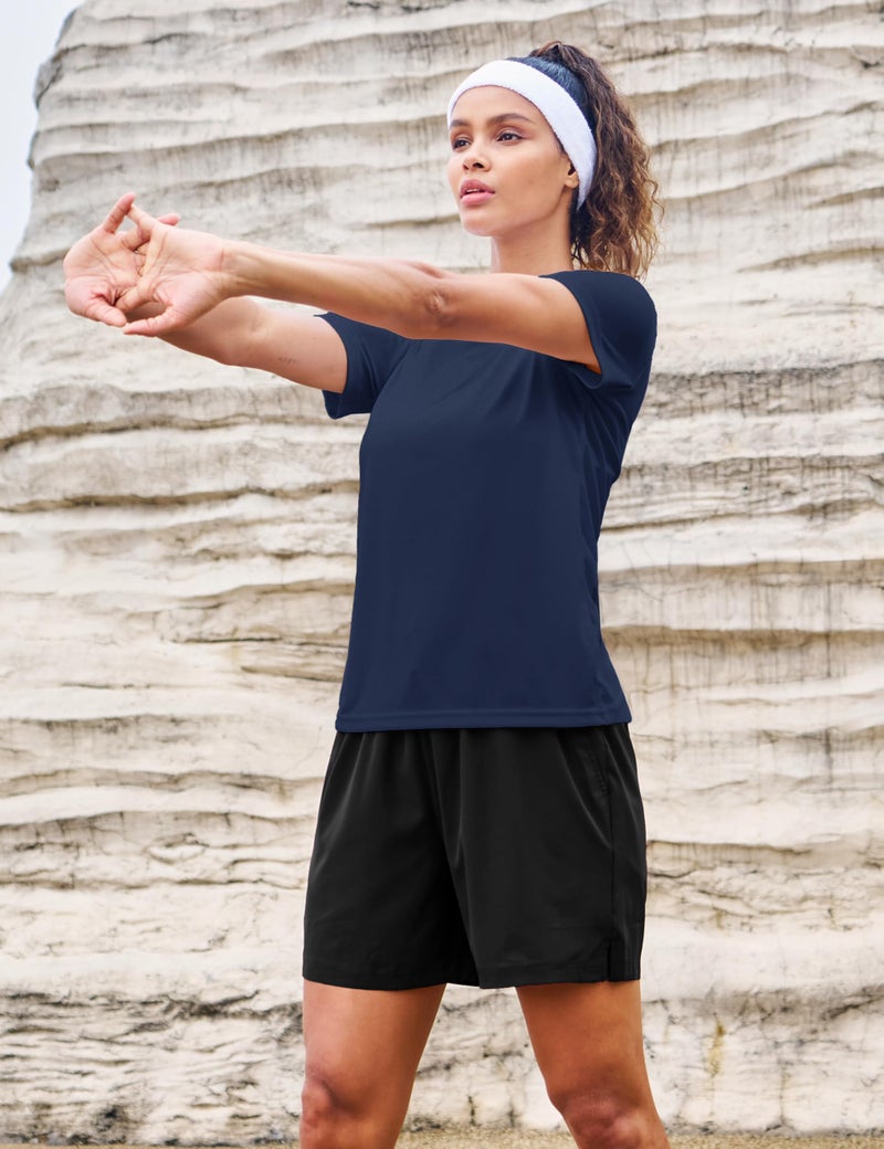 MAGCOMSEN Athletic Tops for Women Running Shirts Short Sleeve Sun Shirts SPF 50 Dry Fit Tshirts Workout Exercise Navy Blue, S - Image 3