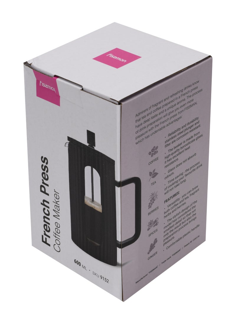 Fissman Fissman French Press Coffee and Tea Maker 600mL, Heat Resistant Thickened Borosilicate Glass Stainless Steel Coffee and Tea Press, Hot and Cold Brew Coffee French Press (Black)  - Image 5
