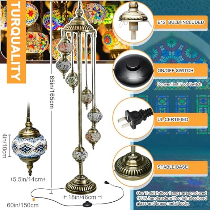 Hortsun Turkish Lamp Moroccan Floor Lamp Handmade Globe Living Floor Lighting Bohemia Standing Lighting for Decorative Home Designs(Floor,7 Globes Style) - Image 5