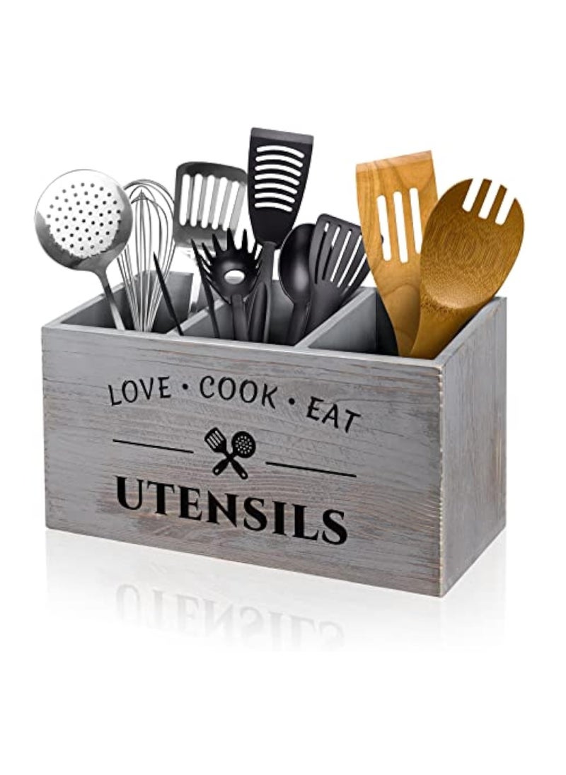 Arabest Wood Kitchen Utensil Caddy with 3 Compartments, Rustic Farmhouse Style, Ideal for Storage and Organization, Grey  - Image 1