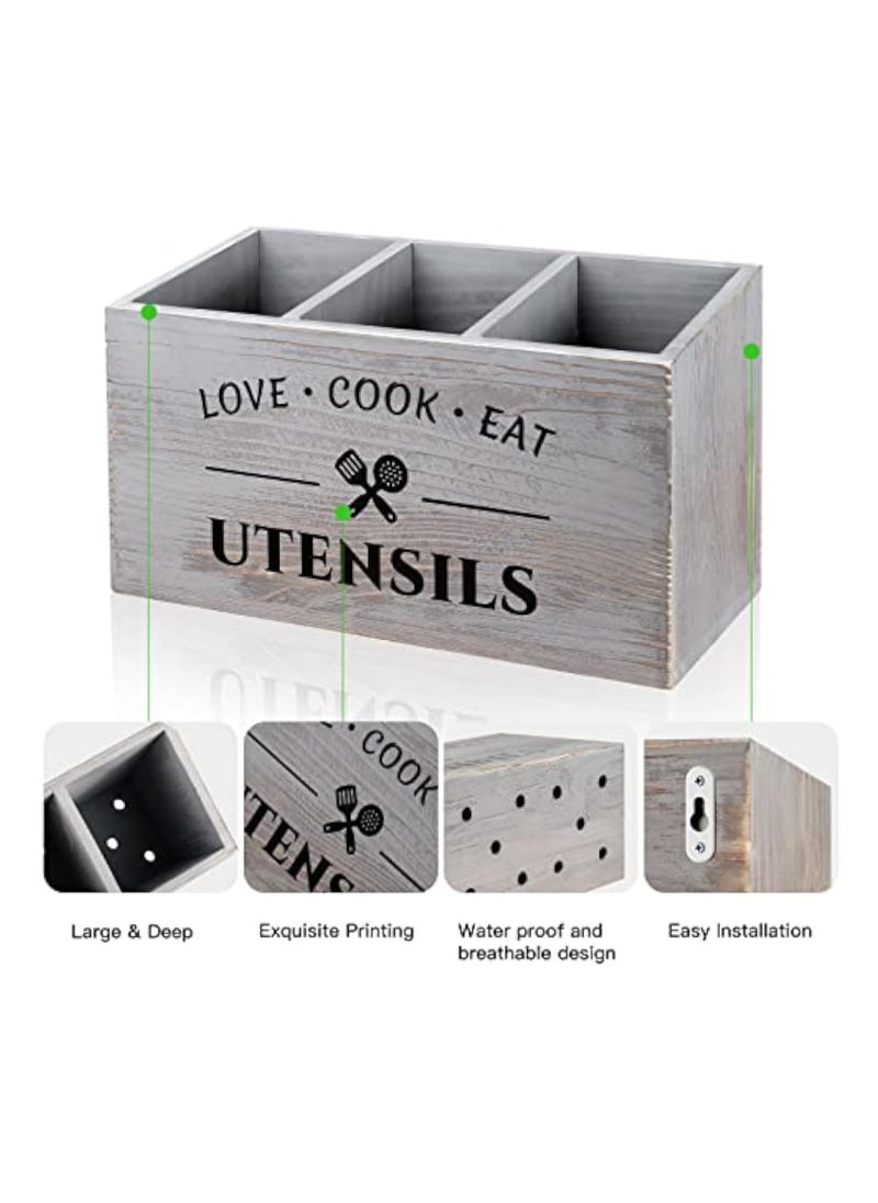Arabest Wood Kitchen Utensil Caddy with 3 Compartments, Rustic Farmhouse Style, Ideal for Storage and Organization, Grey  - Image 3