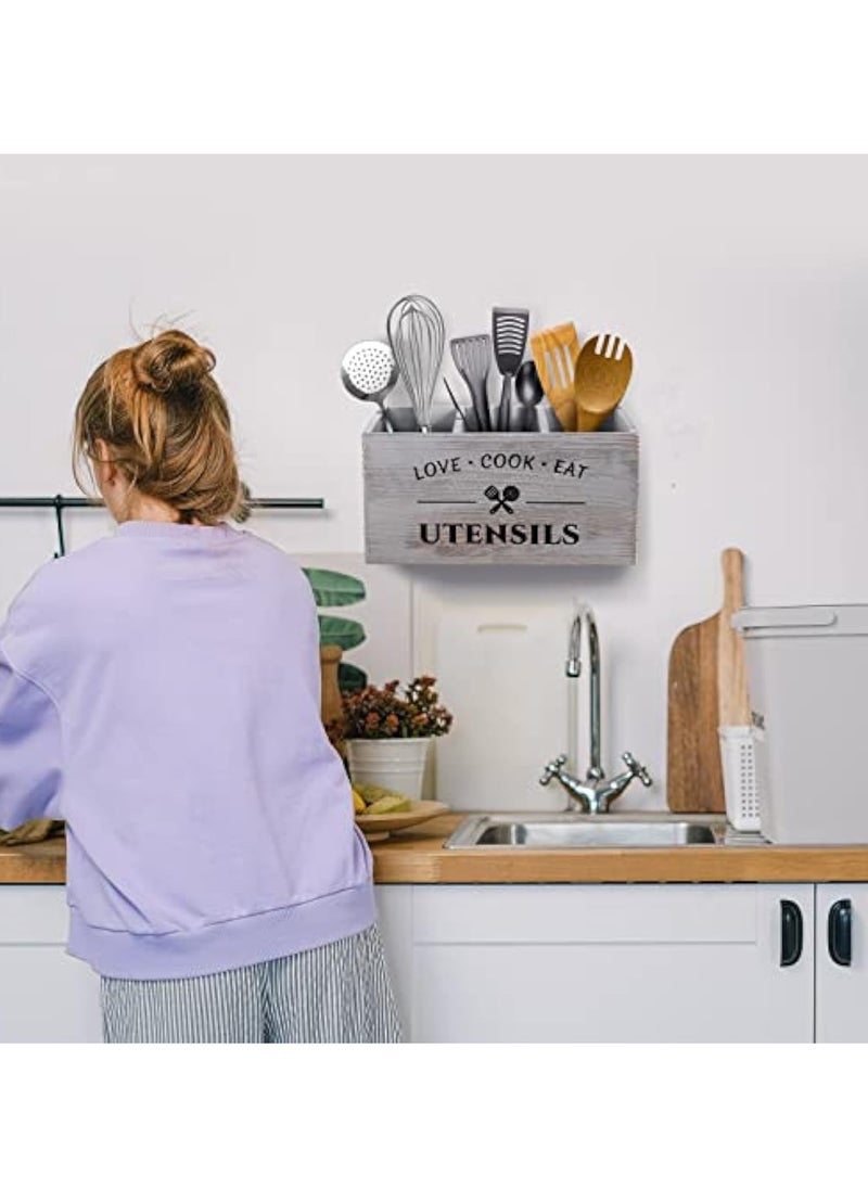 Arabest Wood Kitchen Utensil Caddy with 3 Compartments, Rustic Farmhouse Style, Ideal for Storage and Organization, Grey  - Image 5