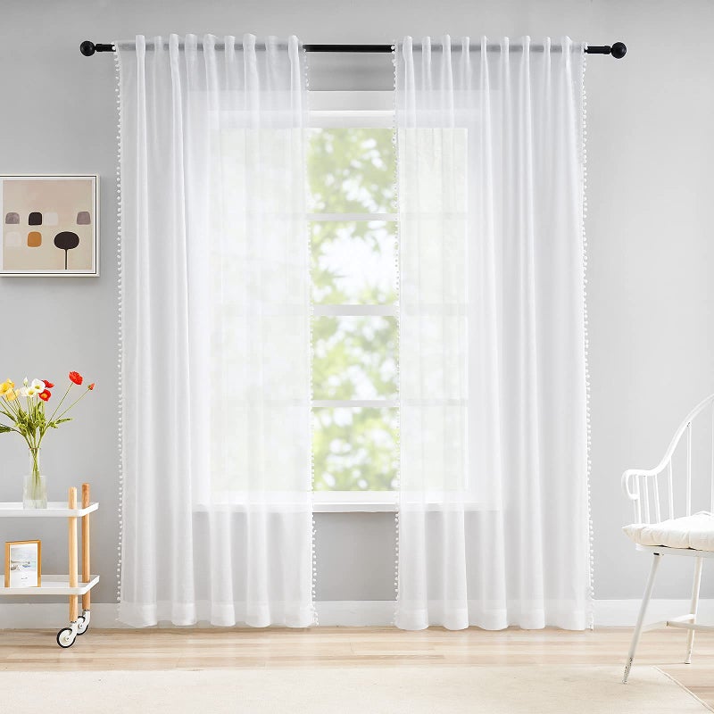 PomPom Sheer White Curtains for Living Room 72 Drop Breathable  Light Filtering Solid Pencil Pleat Tape Top Voile Drapes Super Soft Slub Linen Texture Bedroom Curtains for Women 52wide 2 Pack