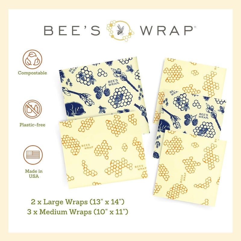 Bee's Wrap Beeswax Wraps for Food - Made in USA Reusable & Organic Food Wraps & Bowl Covers - Eco-Friendly Alternative to Aluminum Foil, Honeycomb & Bees + Bears Assorted 5 Pack (2L, 3M) - Image 4